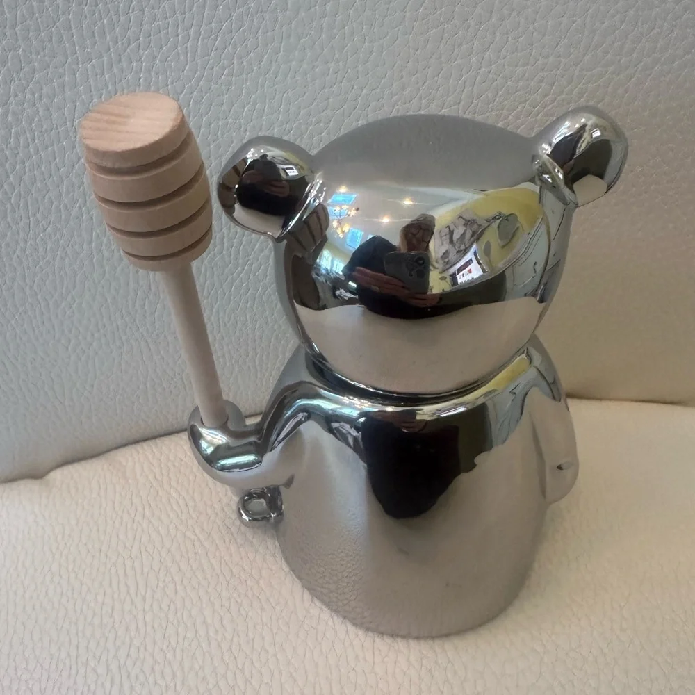 Anthropologie Silver Metallic Bear Honey Jar /Pot w/ Wooden Dipper in Bear’s Paw - Picture 9 of 13